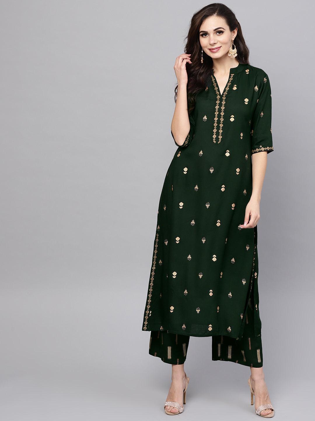 Green Printed Rayon Kurta Set - ShopLibas