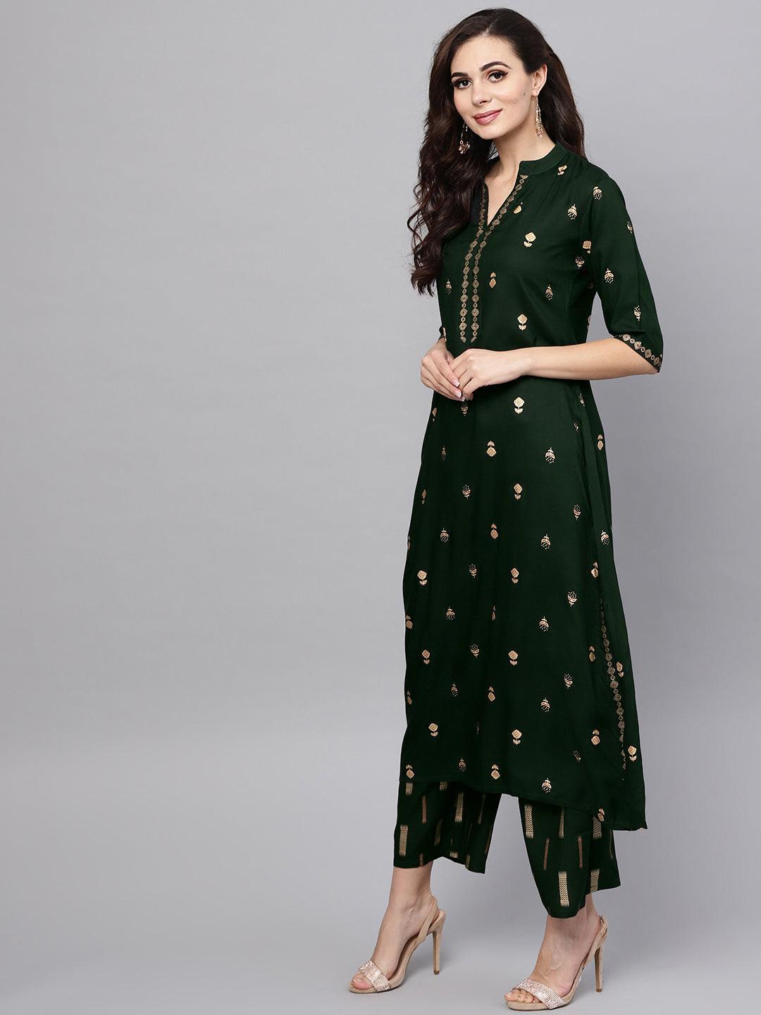 Green Printed Rayon Kurta Set - ShopLibas