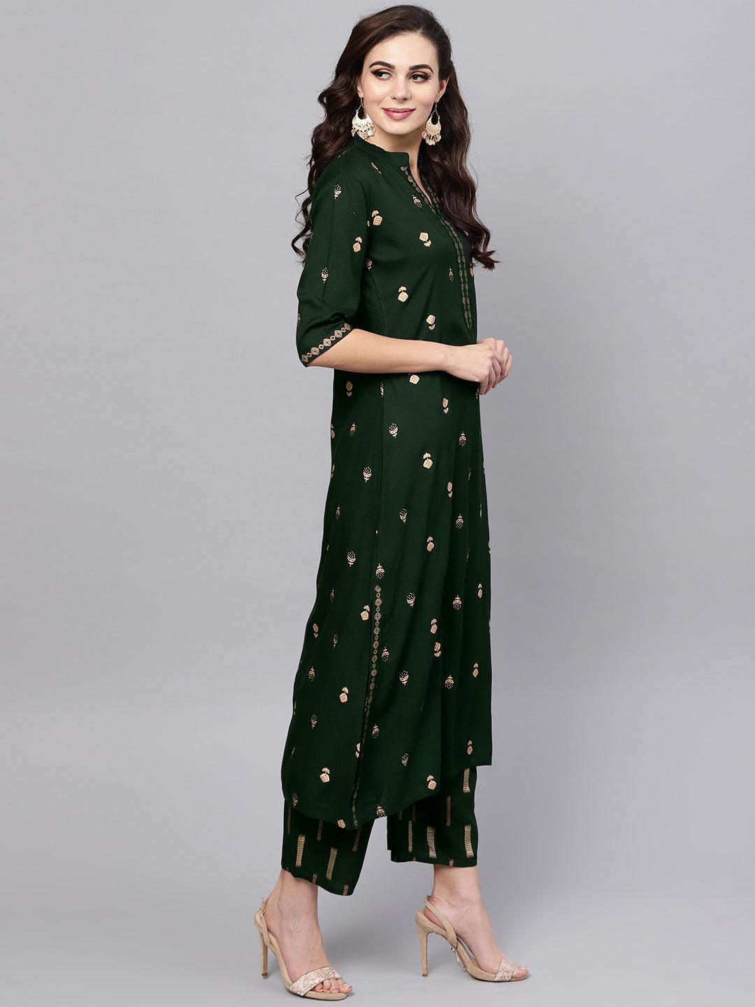 Green Printed Rayon Kurta Set - ShopLibas