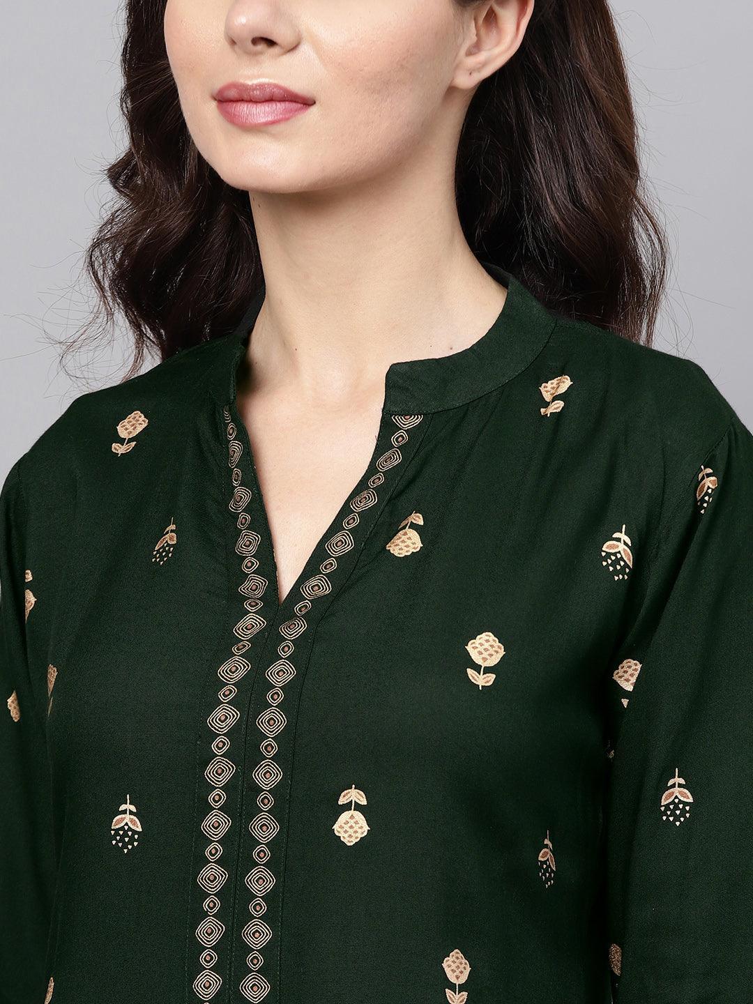 Green Printed Rayon Kurta Set