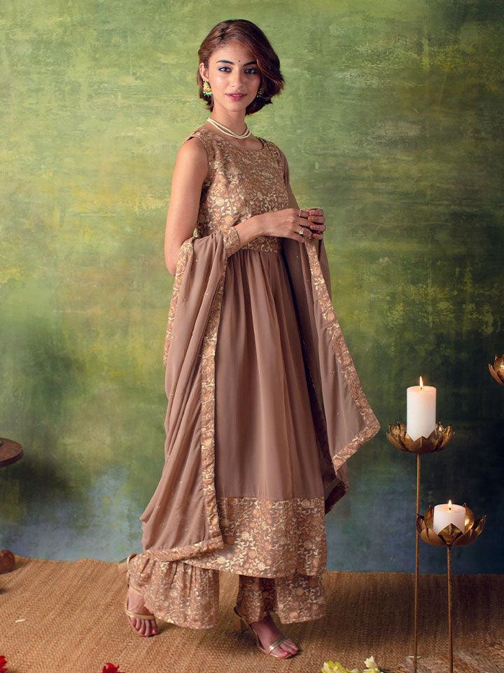 Beige Embroidered Georgette Suit Set