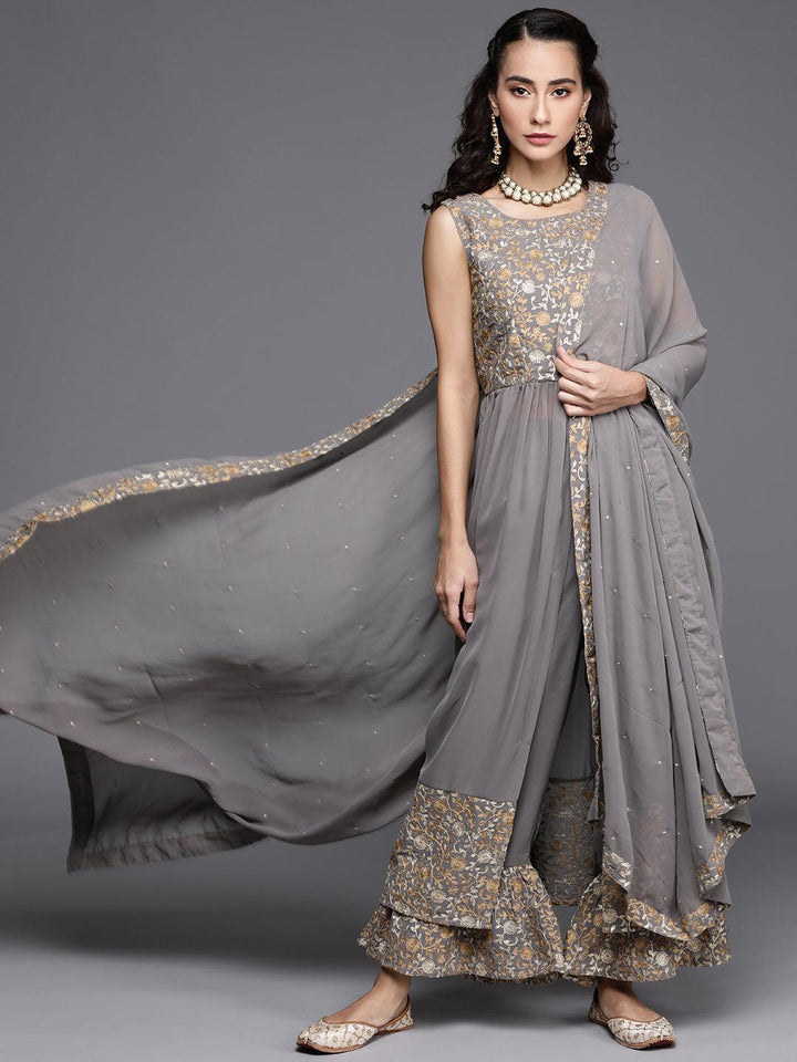 Grey Embroidered Georgette Suit Set - ShopLibas