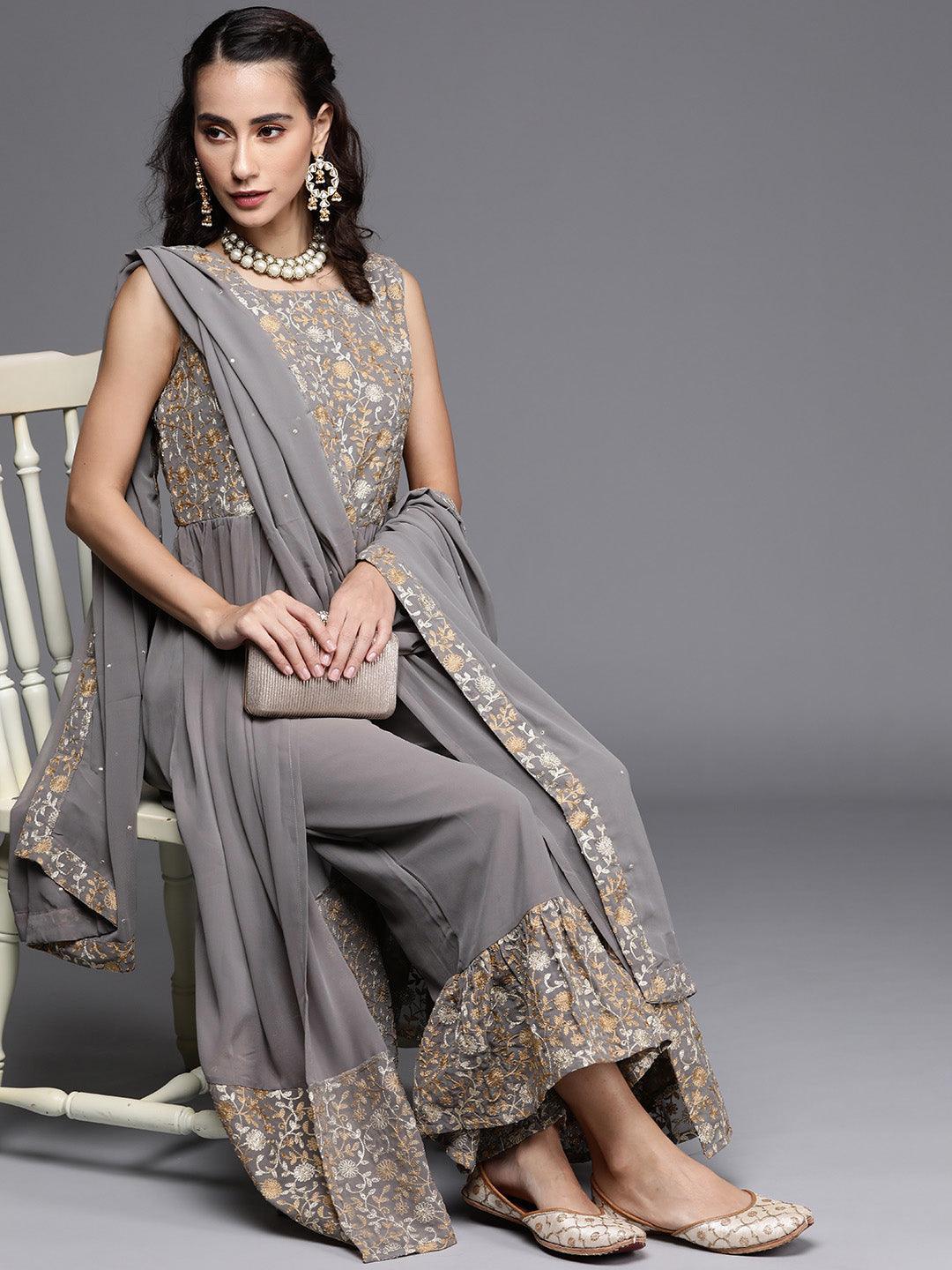 Grey Embroidered Georgette Suit Set - ShopLibas