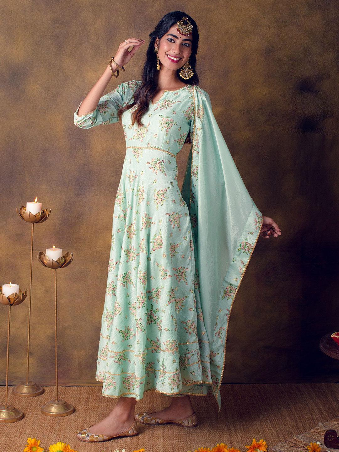 Green Printed Silk Blend Anarkali Dress With Dupatta