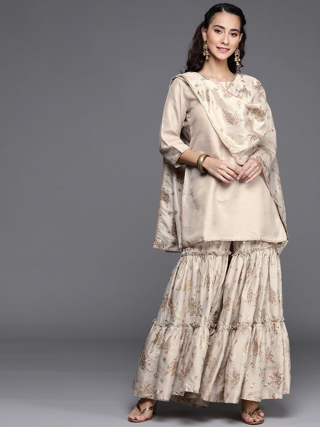 Beige Solid Silk Blend Suit Set - ShopLibas