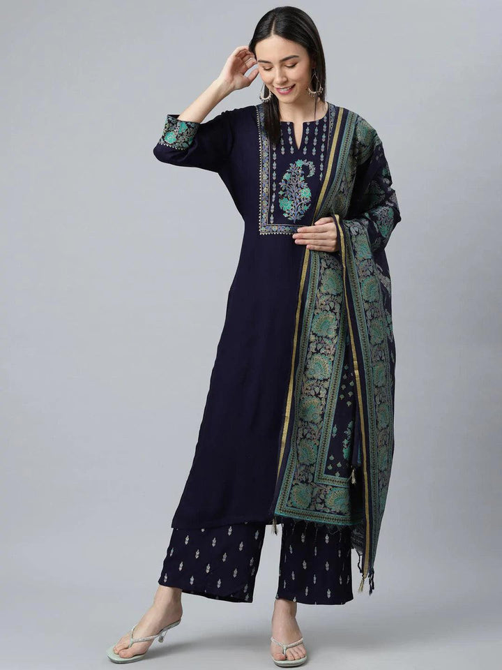 Blue Printed Rayon Suit Set - ShopLibas