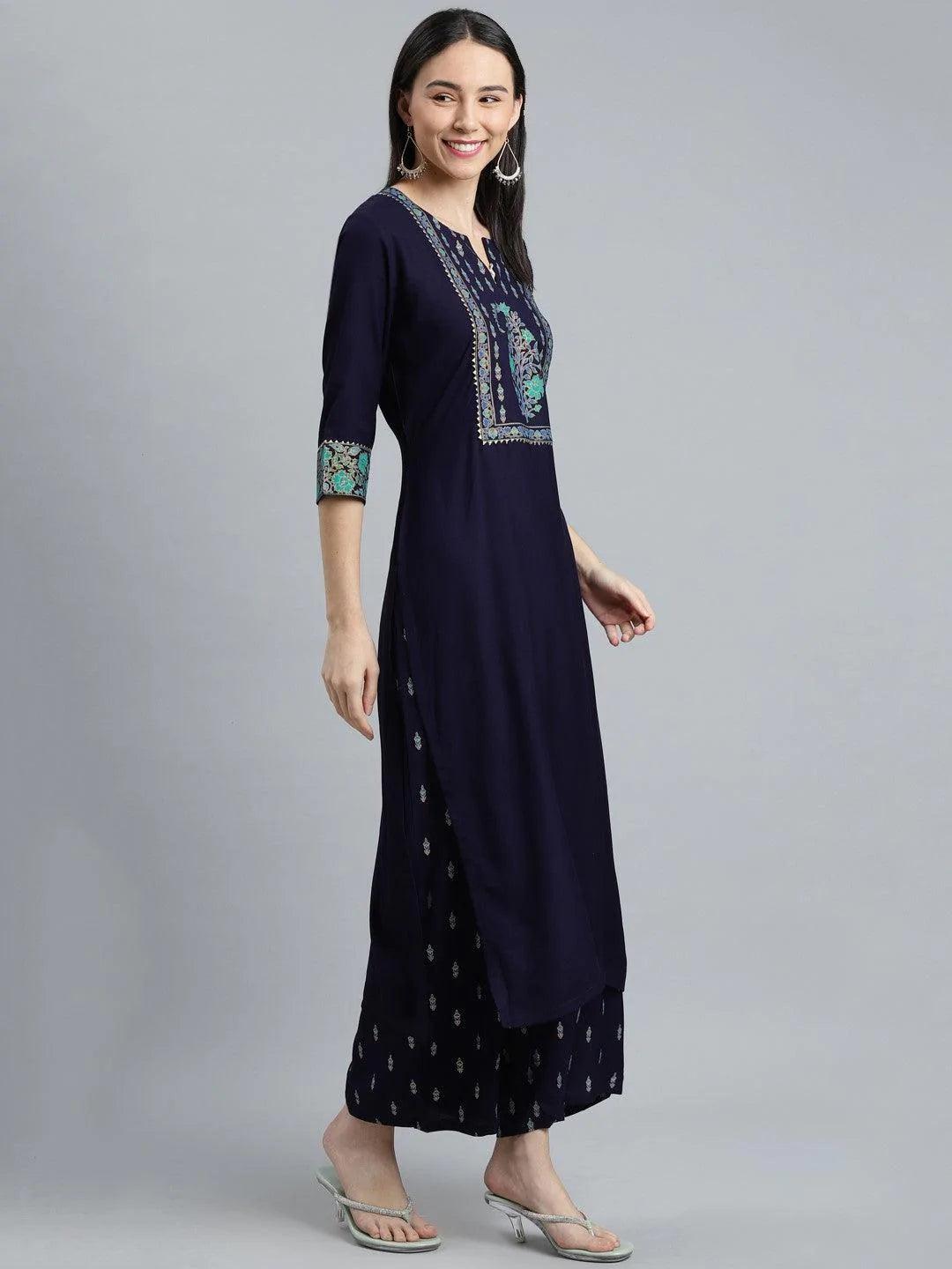 Blue Printed Rayon Suit Set - ShopLibas