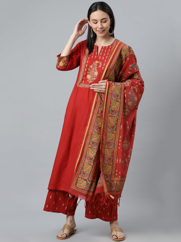 Red Printed Rayon Suit Set - ShopLibas