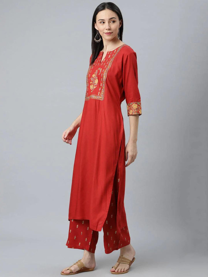 Red Printed Rayon Suit Set - ShopLibas