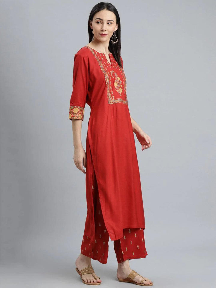 Red Printed Rayon Suit Set - ShopLibas