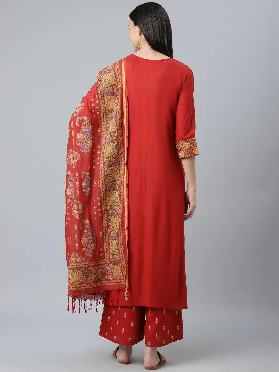 Red Printed Rayon Suit Set - ShopLibas