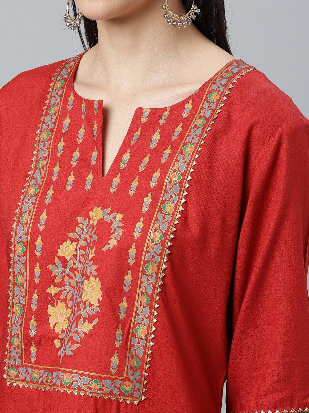 Red Printed Rayon Suit Set - ShopLibas