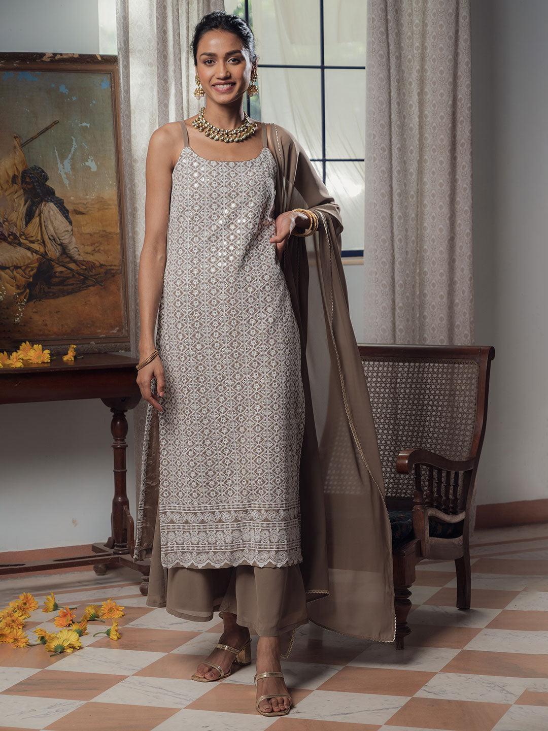 Brown Embroidered Georgette Suit Set