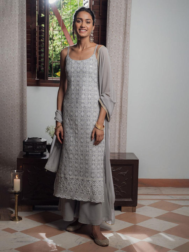 Grey Embroidered Georgette Suit Set - ShopLibas