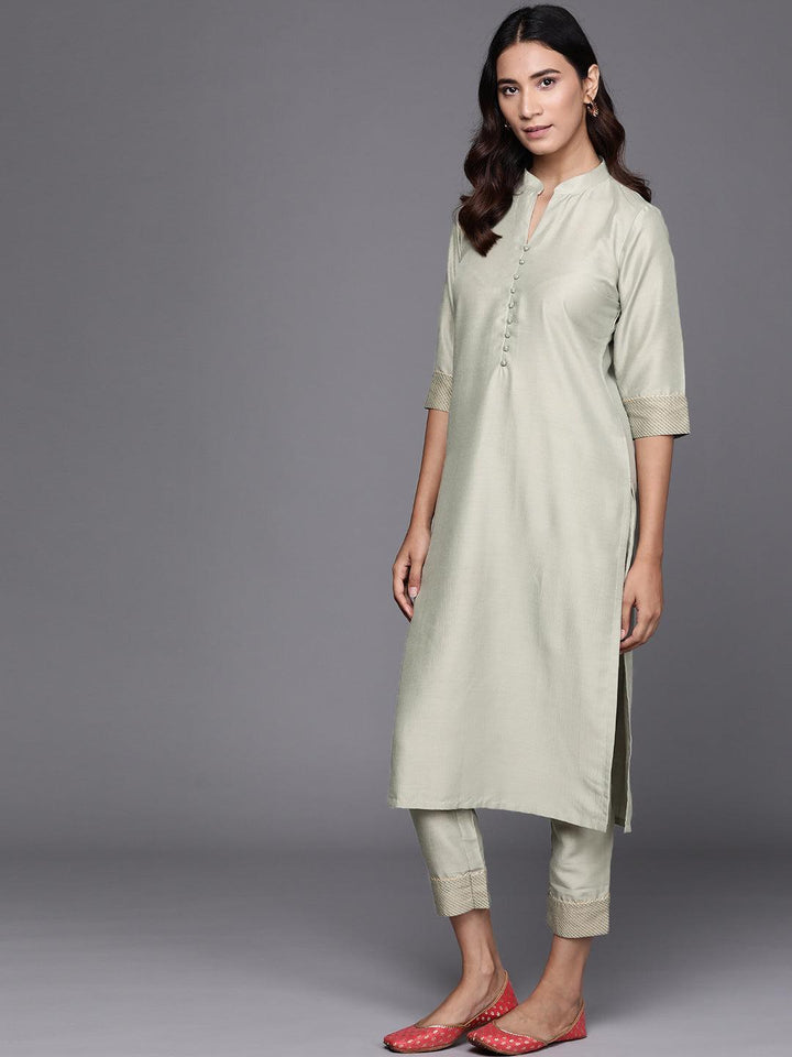 Green Solid Silk Blend Suit Set - ShopLibas