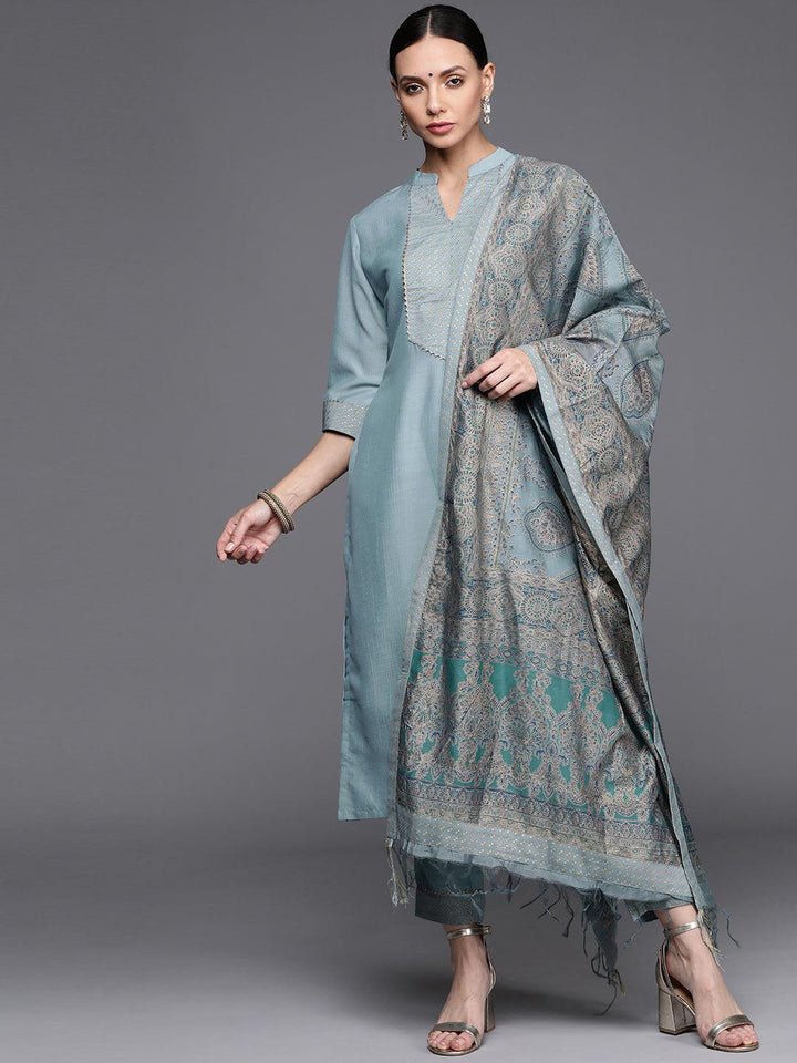 Grey Solid Silk Blend Suit Set - ShopLibas