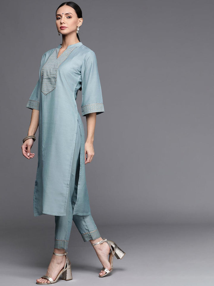 Grey Solid Silk Blend Suit Set - ShopLibas