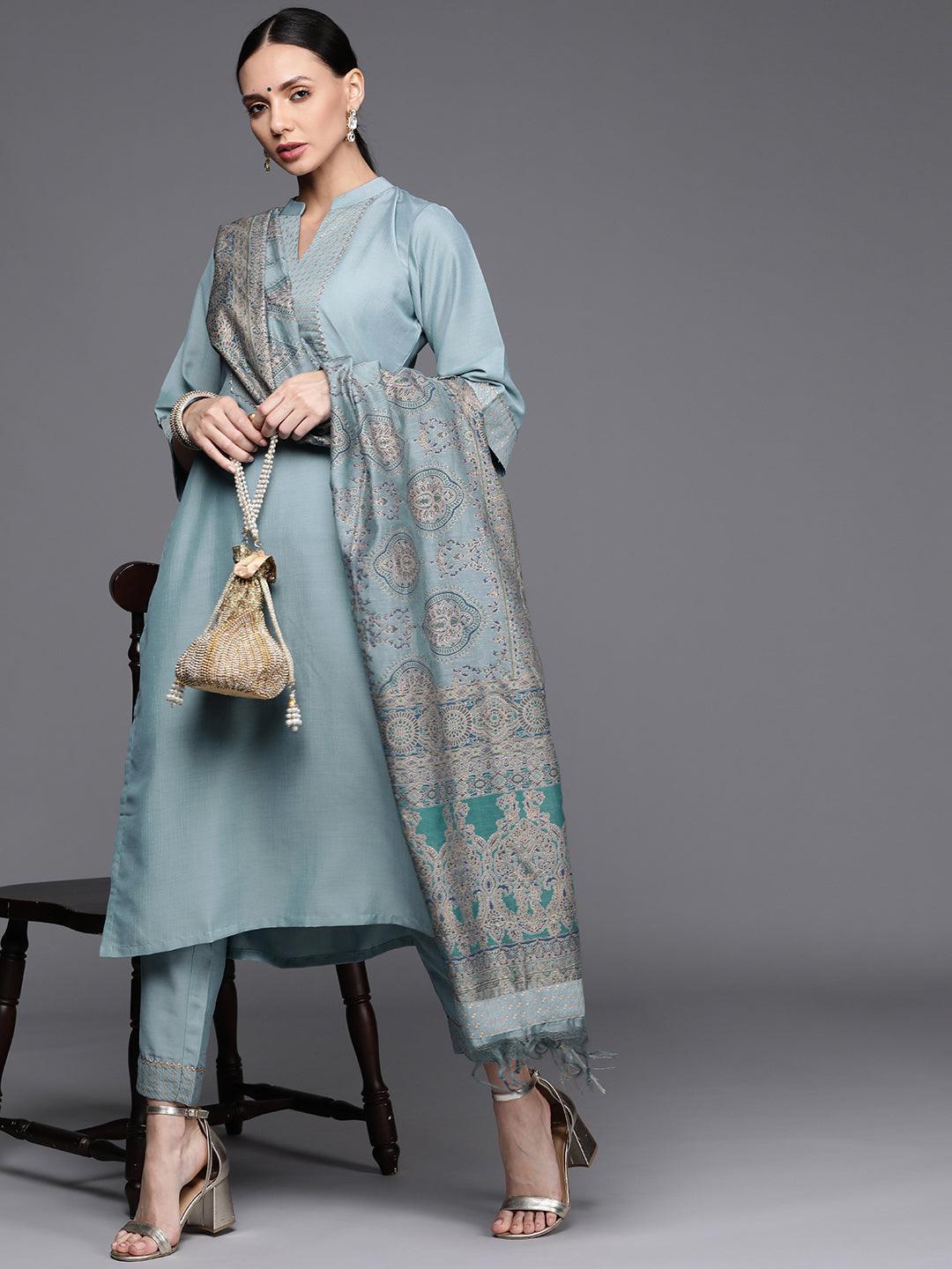 Grey Solid Silk Blend Suit Set - ShopLibas