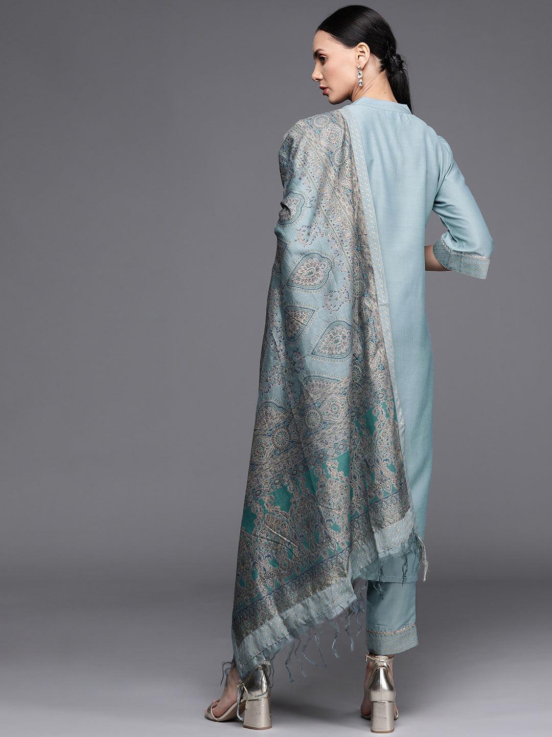 Grey Solid Silk Blend Suit Set - ShopLibas