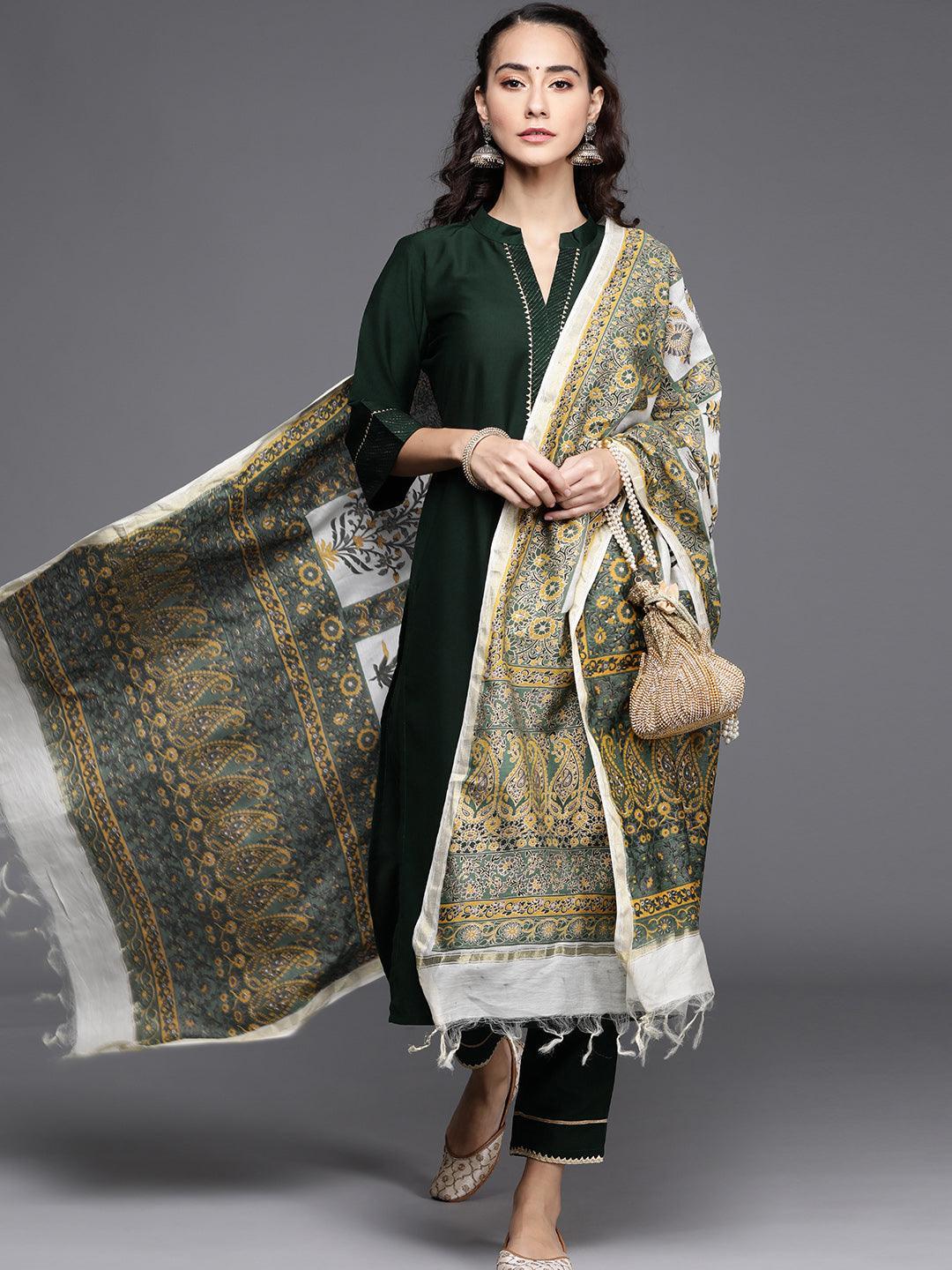 Green Solid Silk Blend Suit Set - ShopLibas