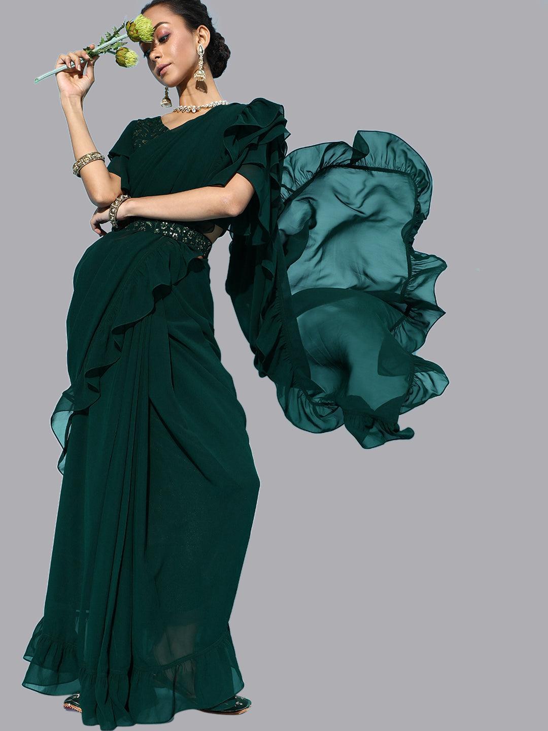 Green Georgette Ruffle Saree With Belt - ShopLibas