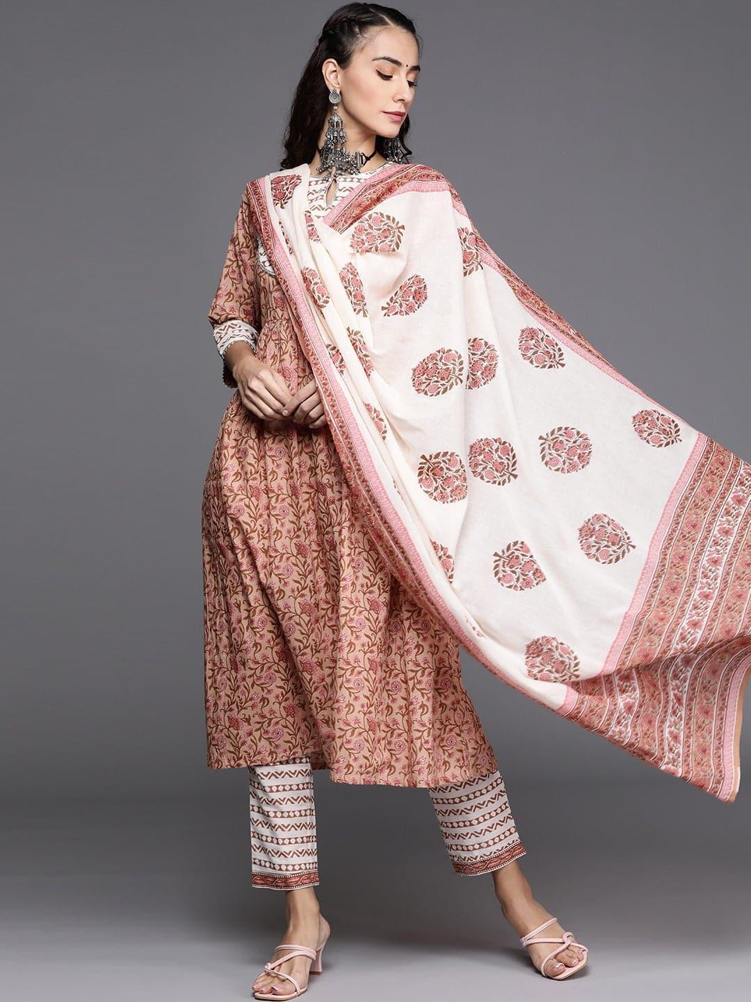 Beige Printed Cotton Suit Set