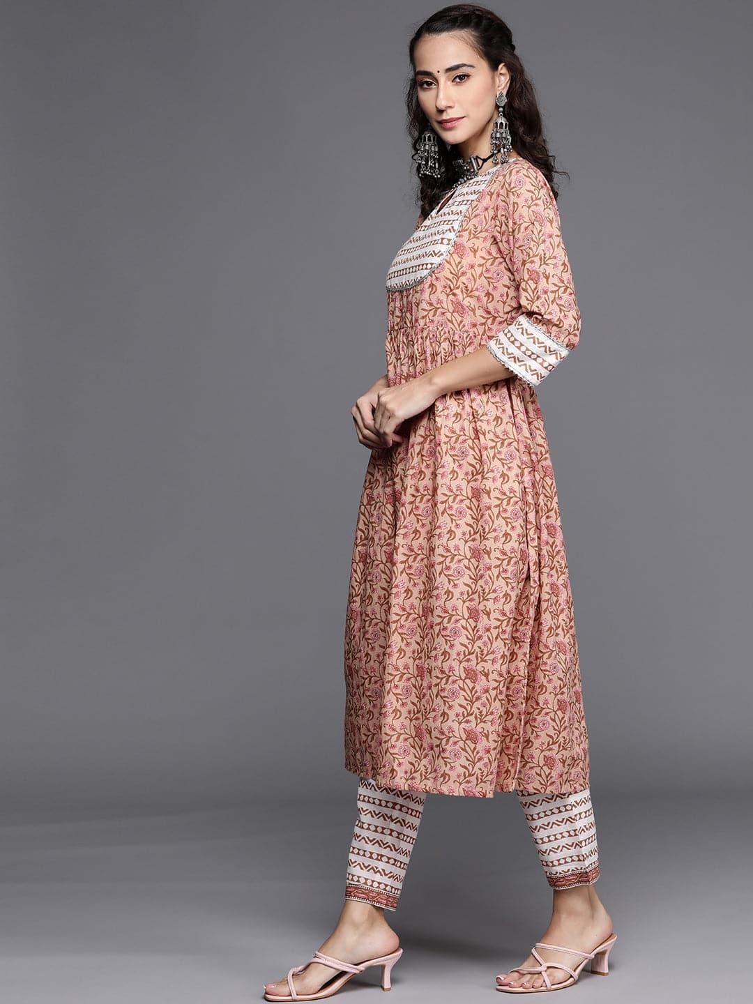 Beige Printed Cotton Suit Set - ShopLibas