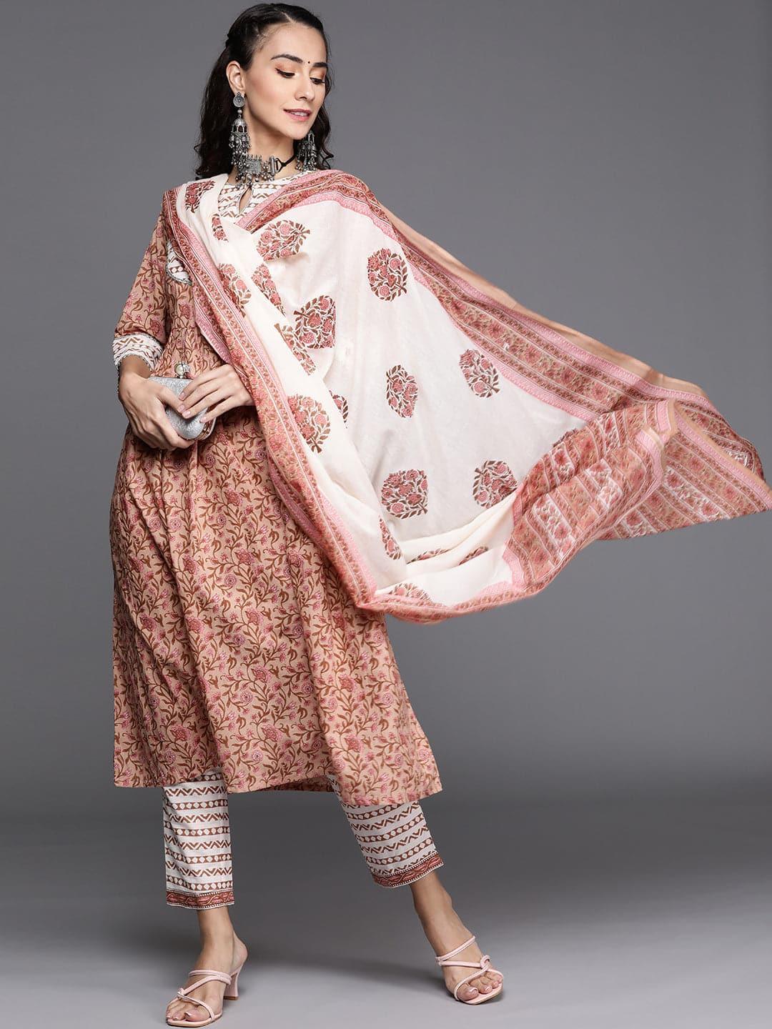 Beige Printed Cotton Suit Set