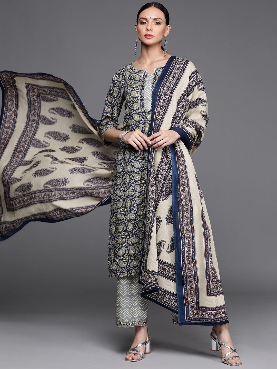 Blue Printed Cotton Suit Set