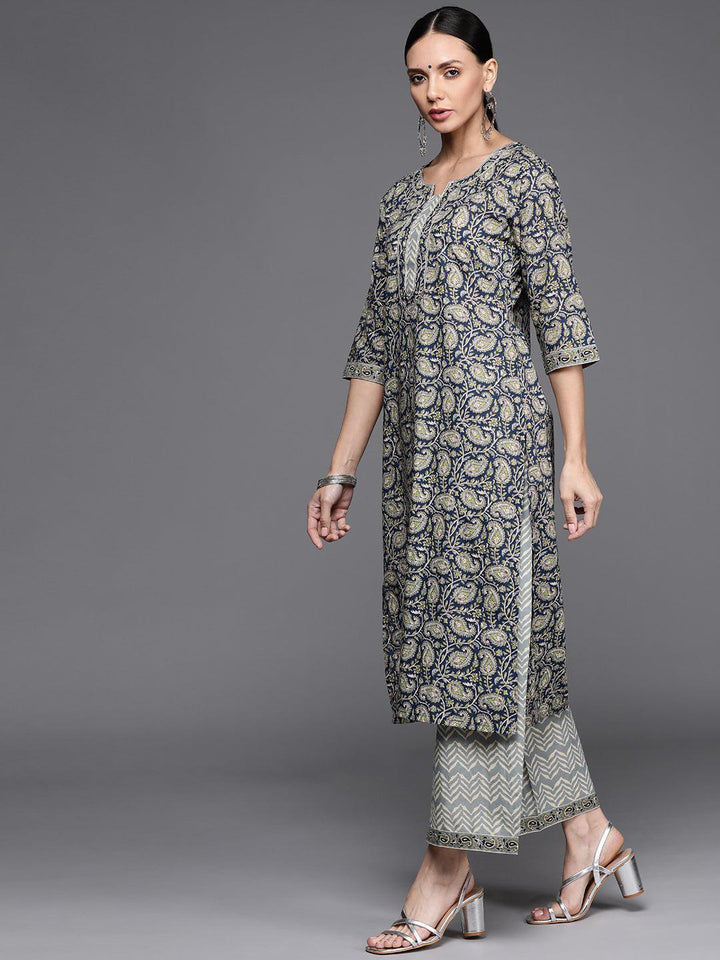 Blue Printed Cotton Suit Set - ShopLibas