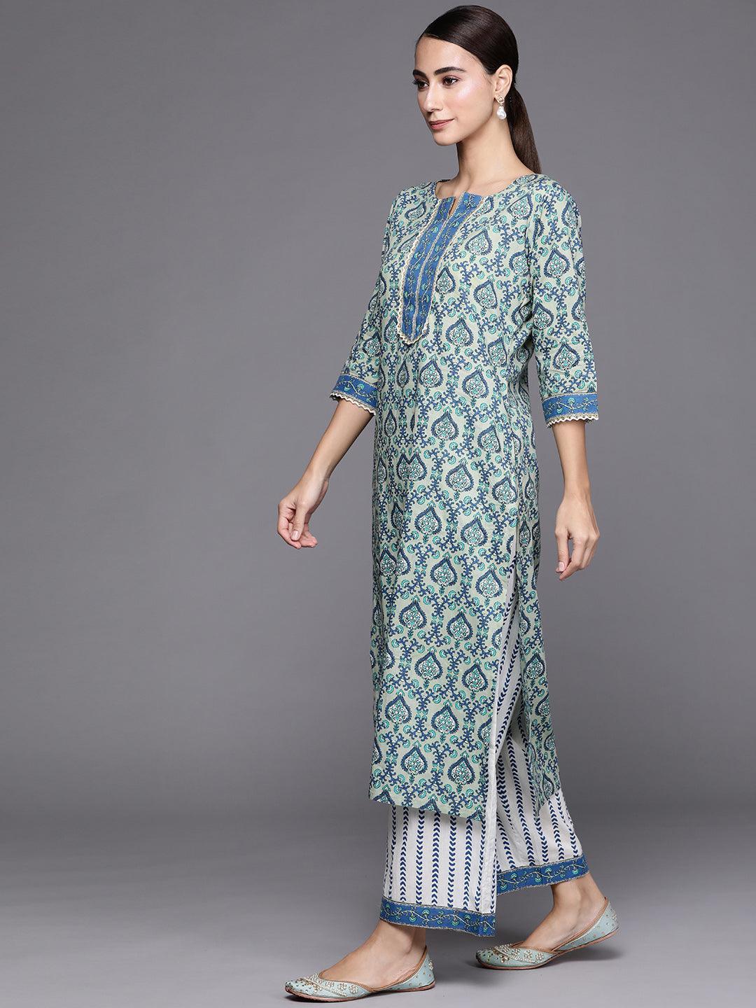 Blue Printed Cotton Suit Set