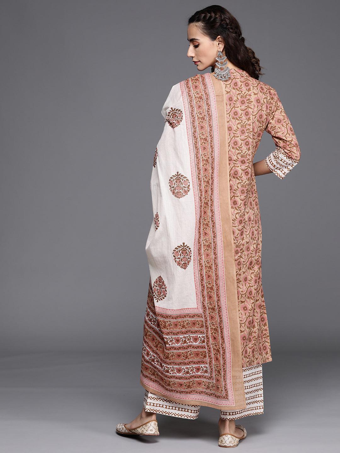 Brown Printed Cotton Suit Set