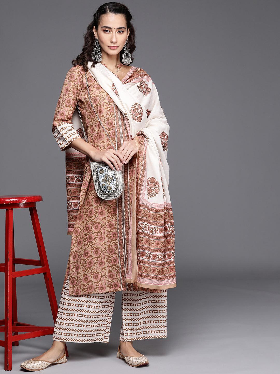 Brown Printed Cotton Suit Set