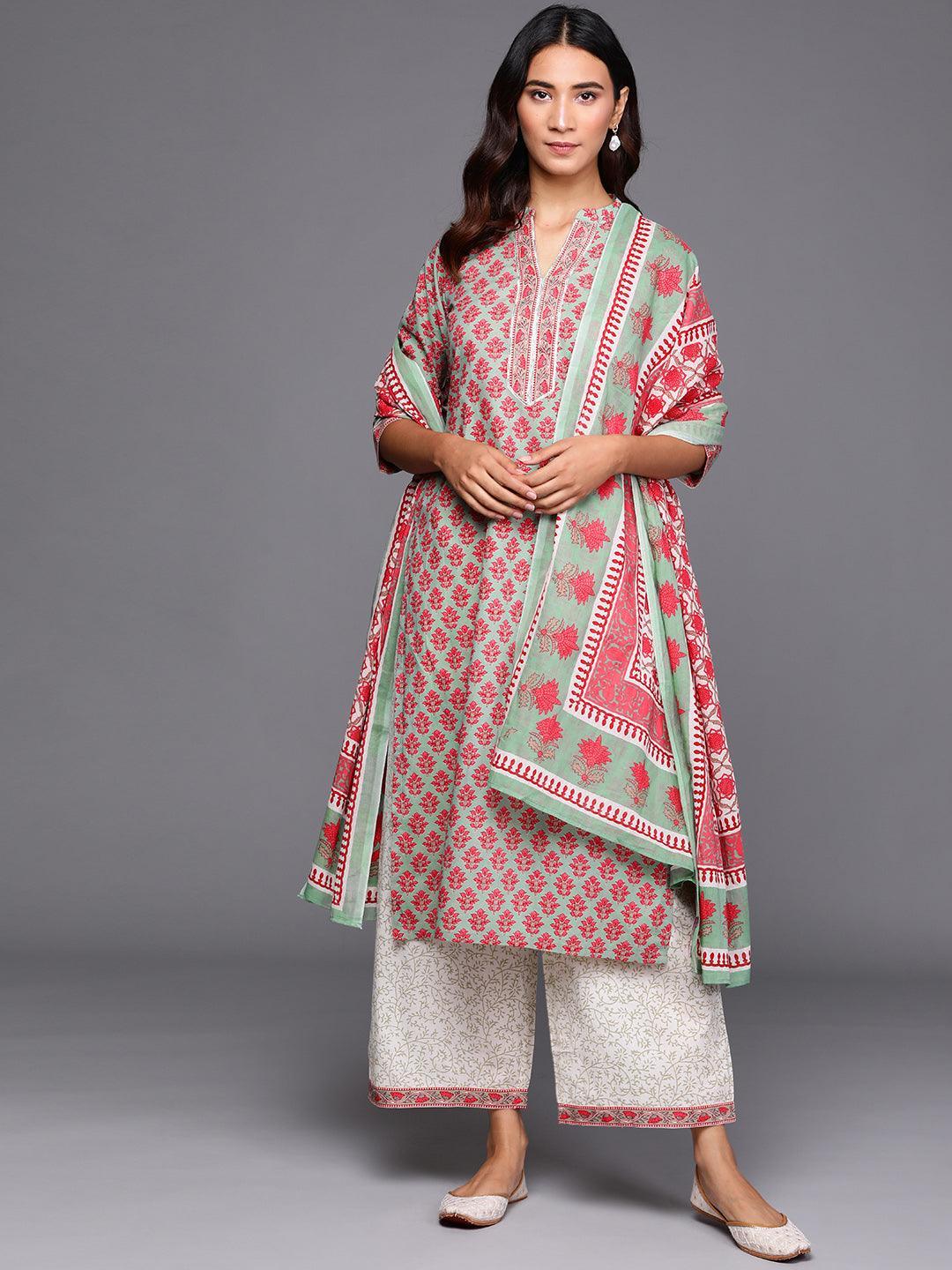 Green Printed Cotton Suit Set - ShopLibas