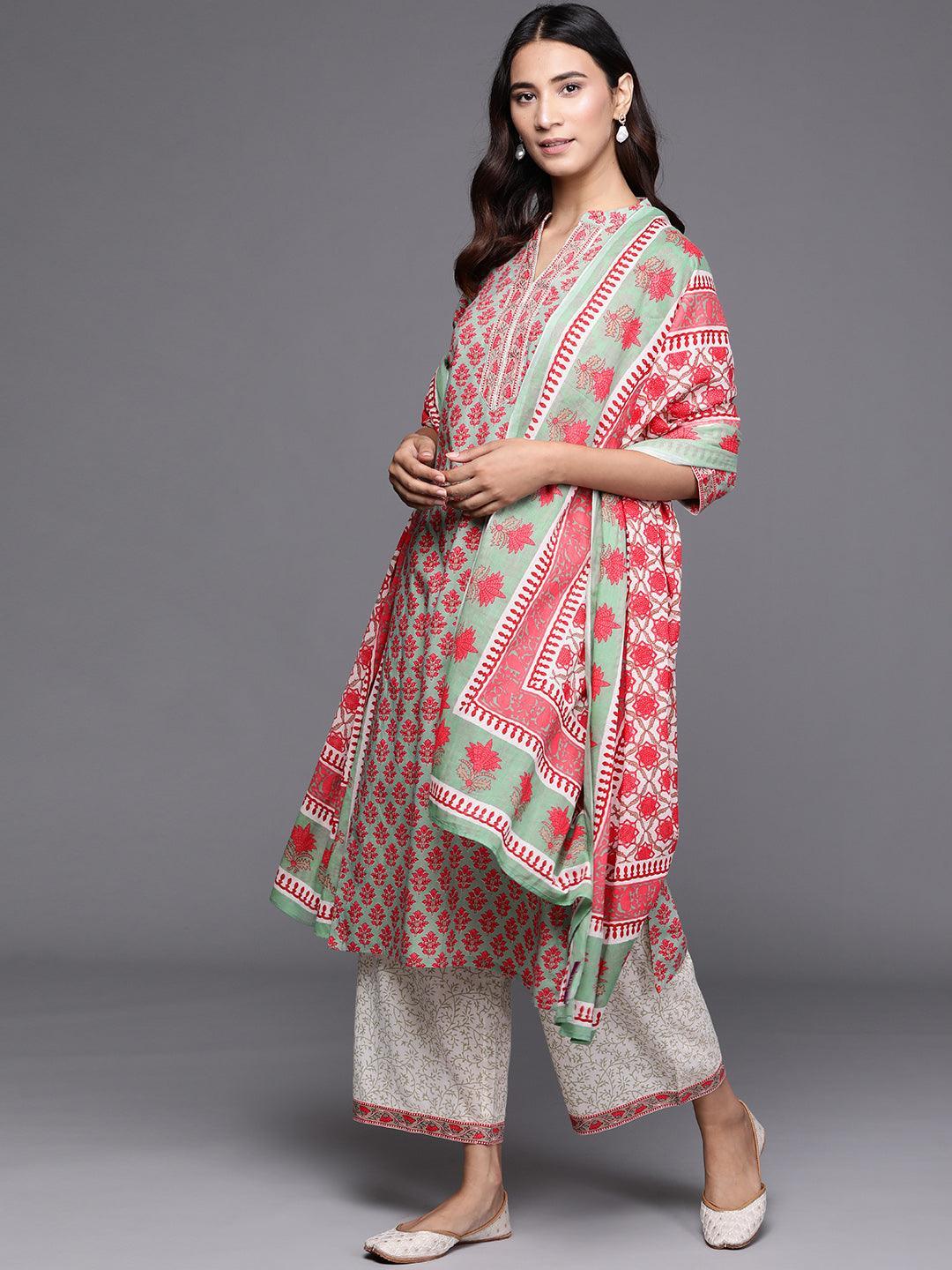 Green Printed Cotton Suit Set