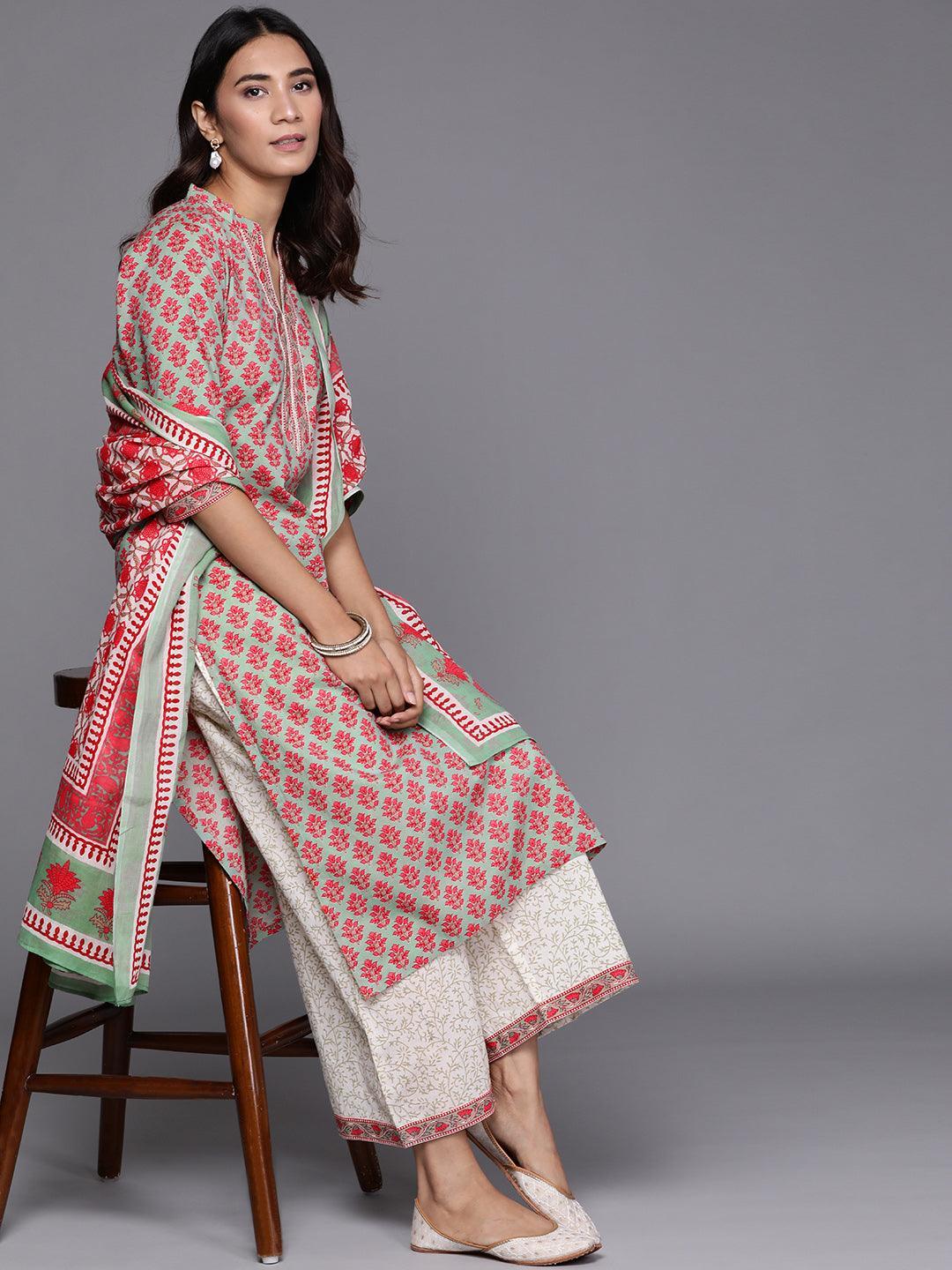 Green Printed Cotton Suit Set