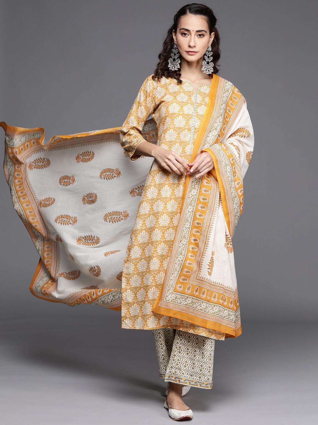 Yellow Printed Cotton Suit Set