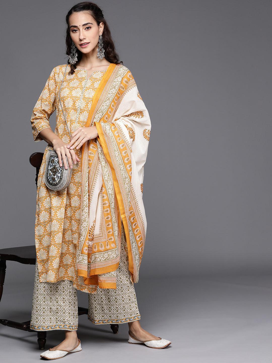 Yellow Printed Cotton Suit Set