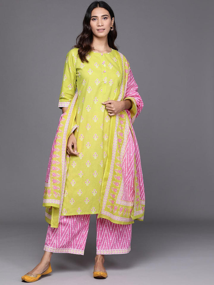 Green Printed Cotton Suit Set - ShopLibas