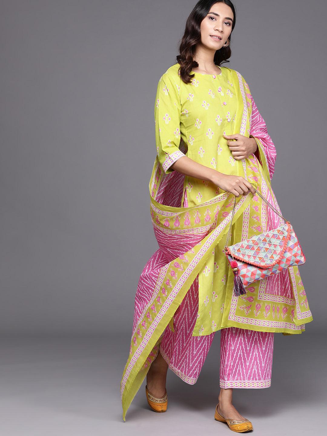 Green Printed Cotton Suit Set