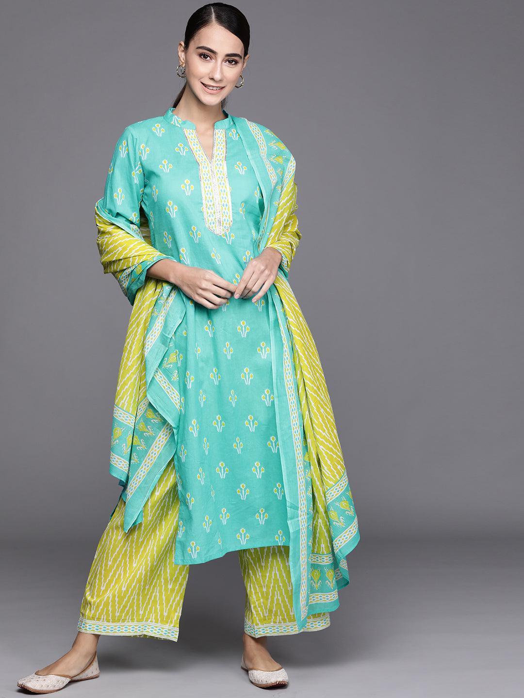 Blue Printed Cotton Suit Set - ShopLibas