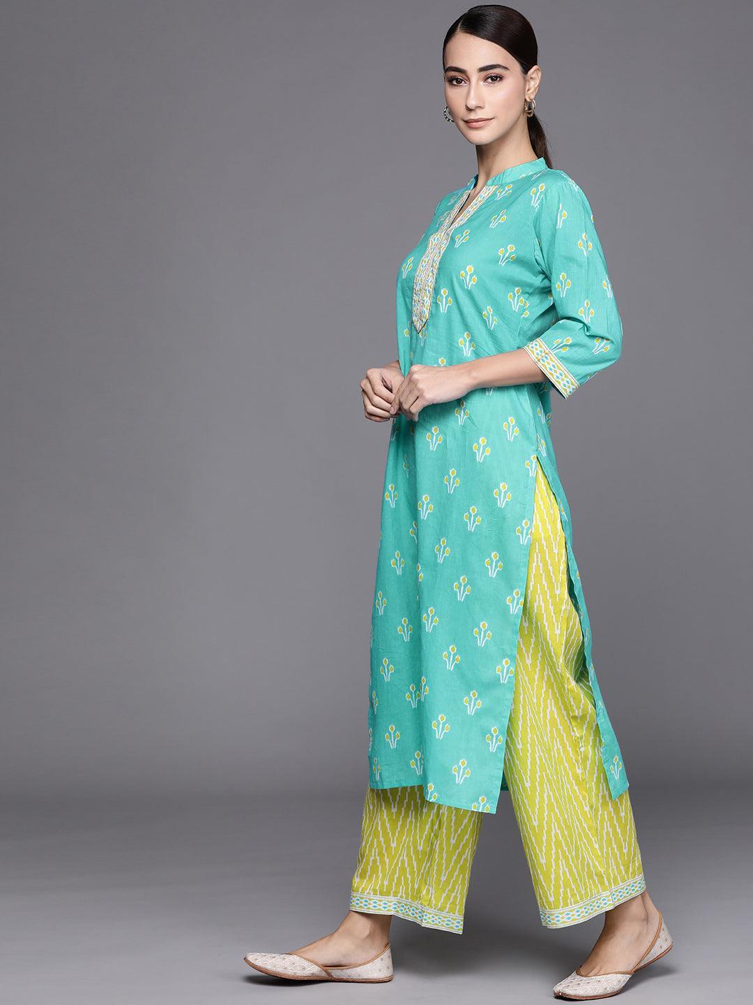 Blue Printed Cotton Suit Set - ShopLibas