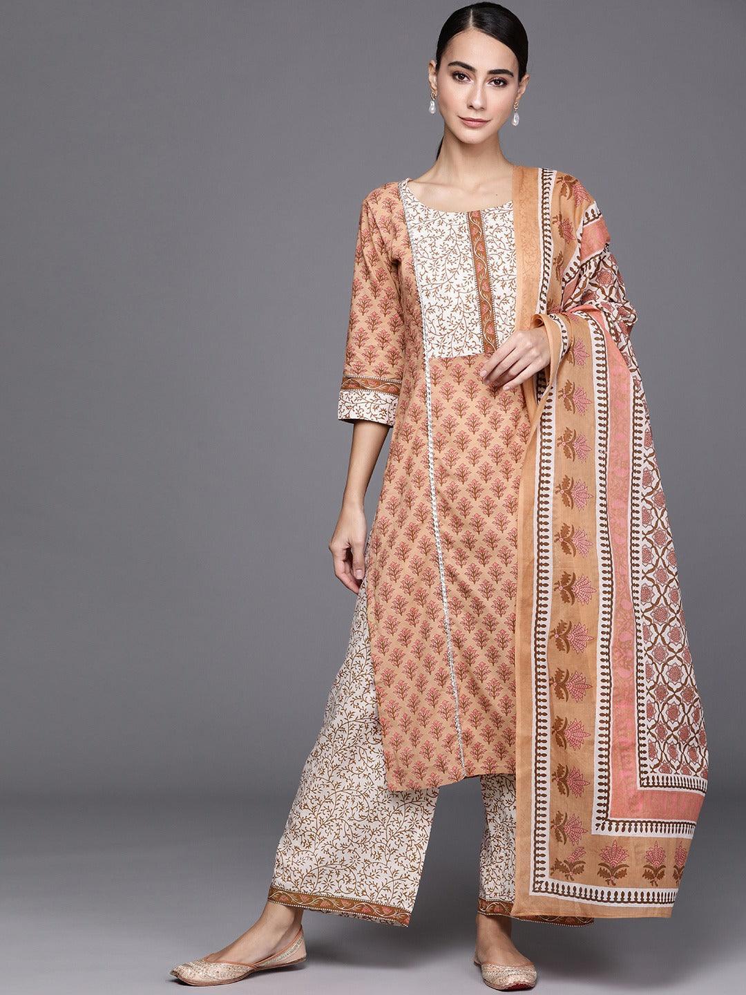 Brown Printed Cotton Suit Set