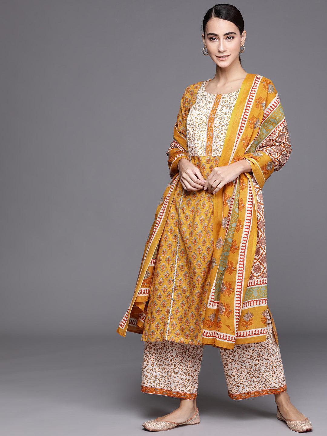 Yellow Printed Cotton Suit Set