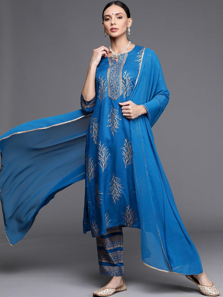 Blue Printed Rayon Suit Set - ShopLibas