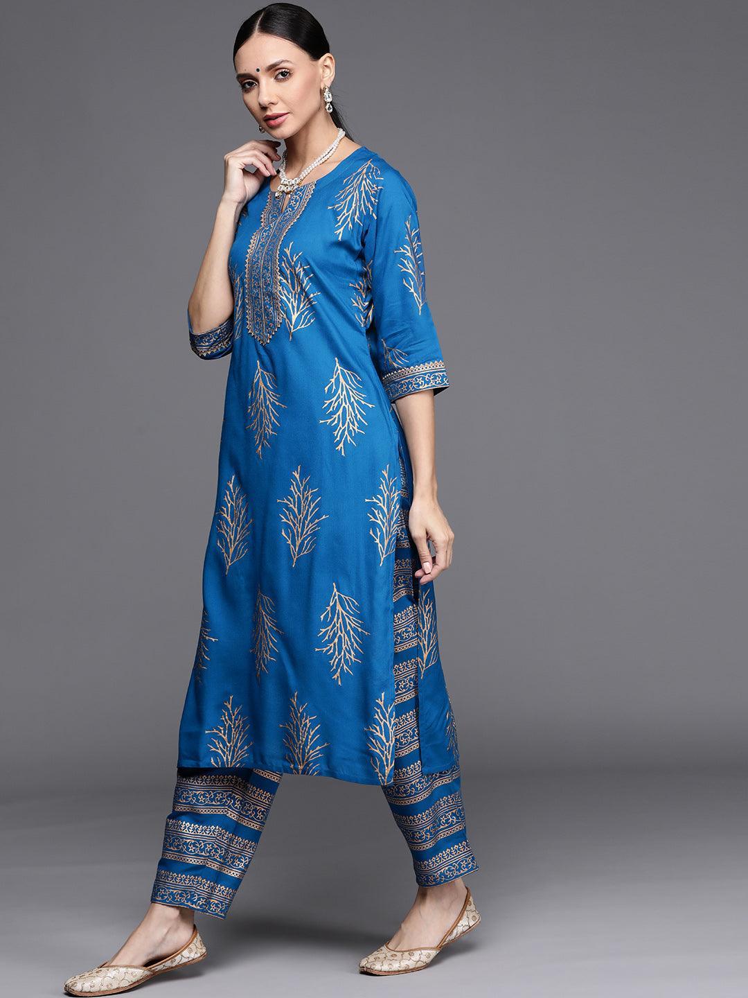 Blue Printed Rayon Suit Set