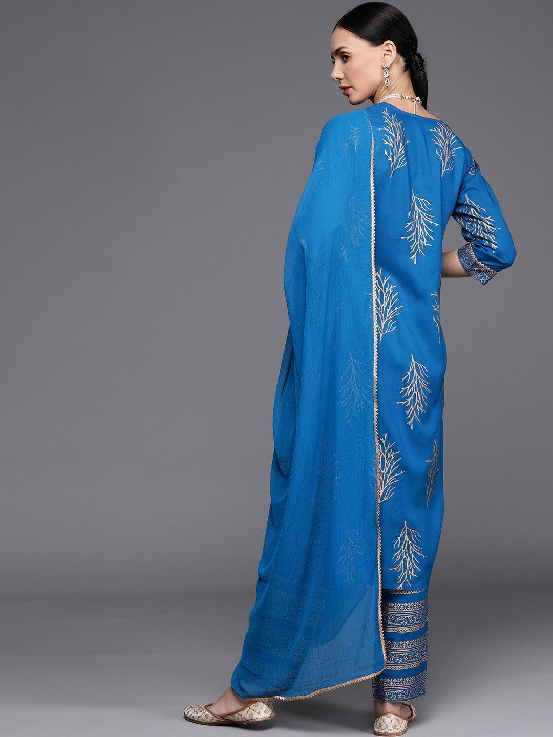 Blue Printed Rayon Suit Set - ShopLibas