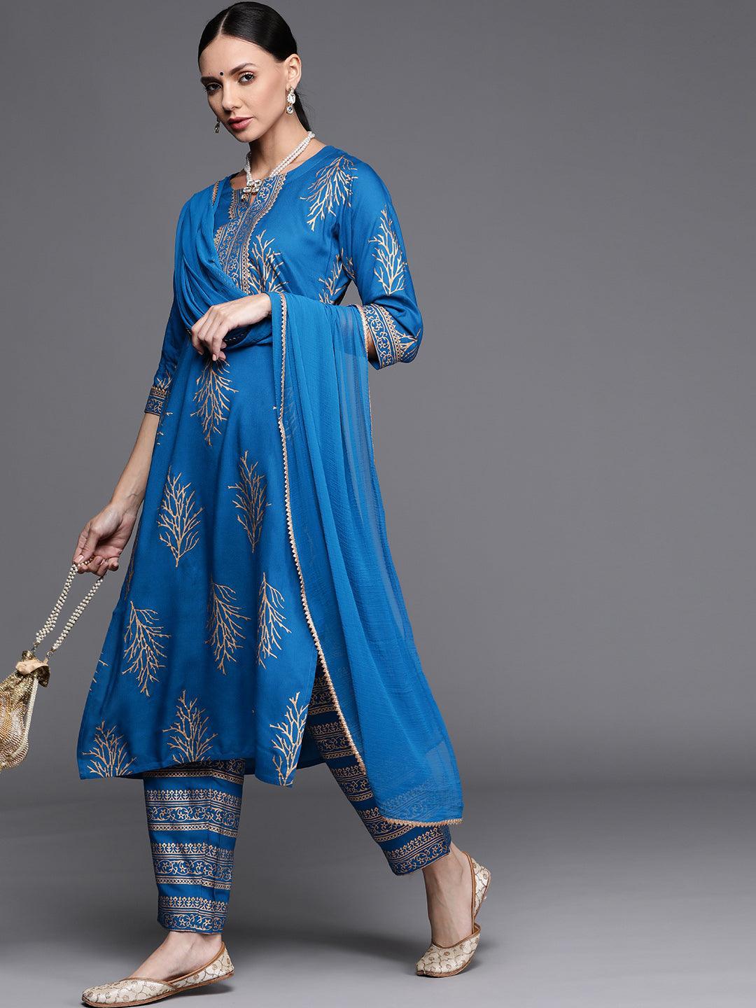 Blue Printed Rayon Suit Set - ShopLibas