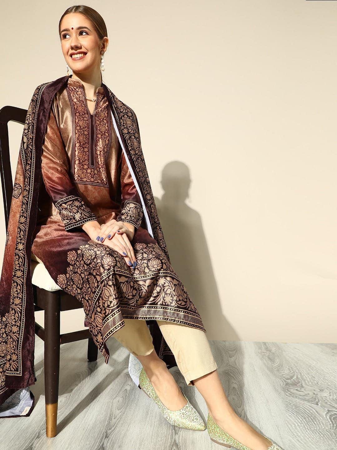 Beige Printed Velvet Suit Set