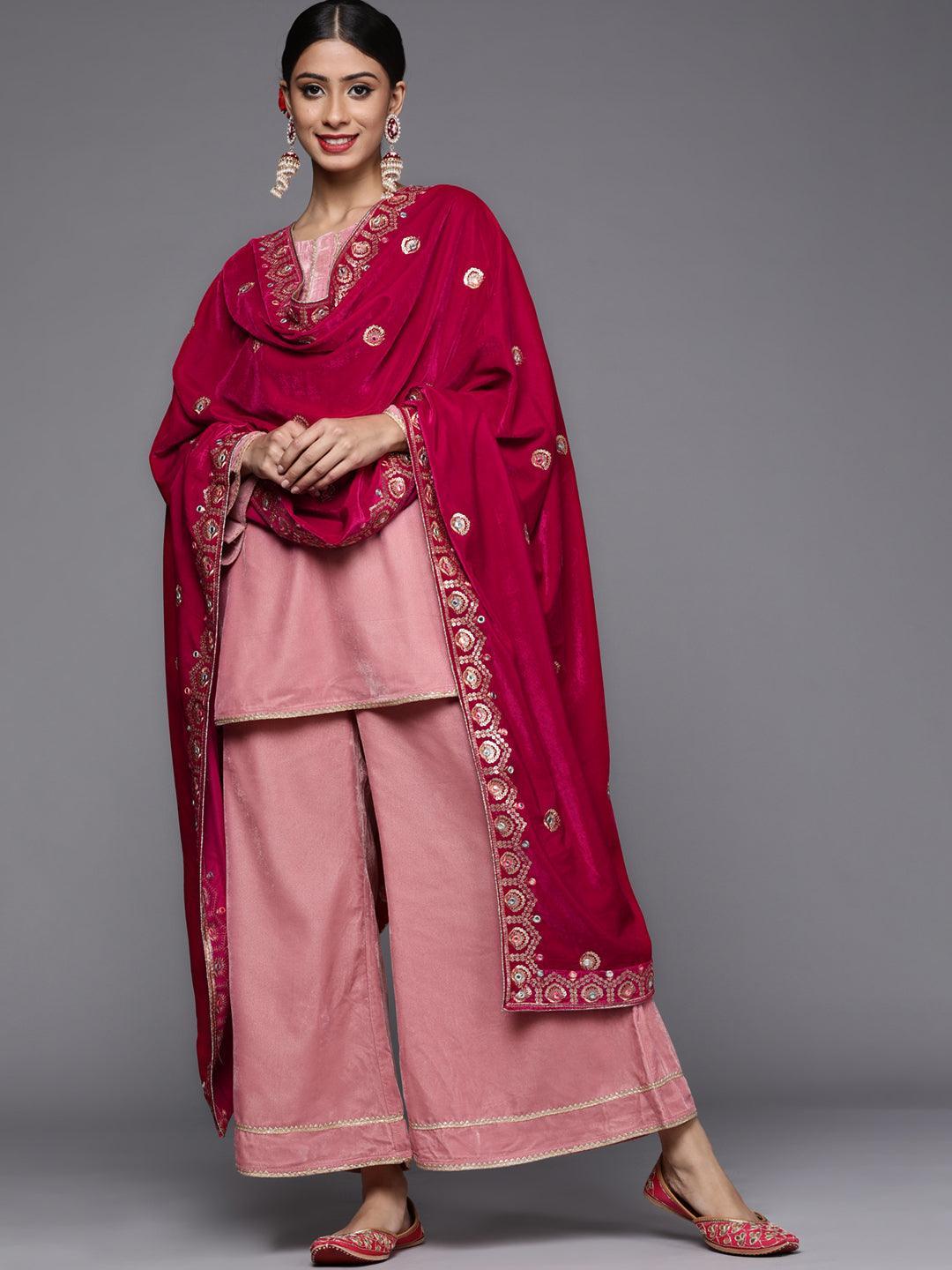 Pink Solid Velvet Suit Set - ShopLibas